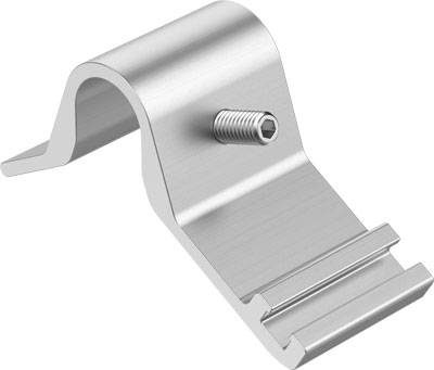 Metalholder med afrundet kant og skrue i midten, bruges til at fastgøre genstande på plane overflader.