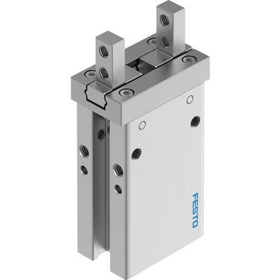 Metalmekanisk griberedskab med to parallelle gribearme, egnet til præcisionsapplikationer inden for automatiseringsteknik. Varemærket 'Festo' er synligt.