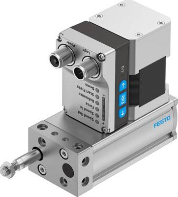 Industrikomponent fra Festo med to tilslutninger øverst og blå kontroltaster på siden. Indeholder tekst: 'Start', 'Venstre', 'Højre'.
