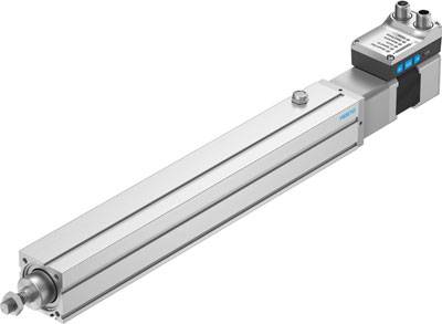 Elektromagnetisk lineardrev i sølv og grå med tilslutninger øverst. Anvendes inden for automatisering eller robotteknologi til lineær bevægelse.