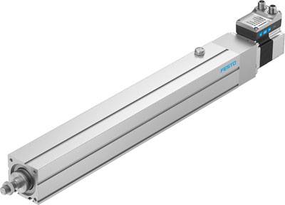 Elektrisk cylinder af metal med tilslutningsmodul, set fra siden; egnet til industriel automatisering.
