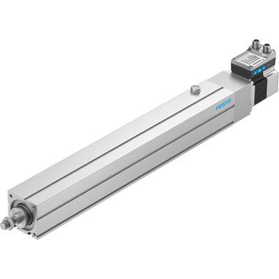 Elektrisk cylinder af metal med tilslutningsmodul, set fra siden; egnet til industriel automatisering.