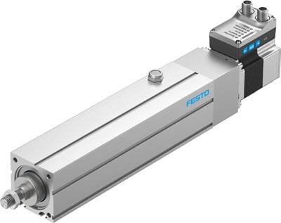 En pneumatisk aktuator fra Festo i sølvfarve, rektangulær form med blå mærkning.