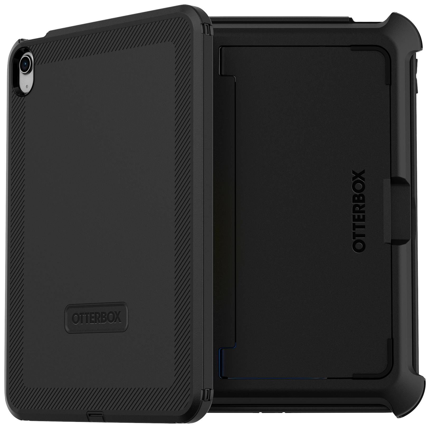 To tastbeskyttelseshylstre i sort fra Otterbox, ét set forfra, det andet bagfra. Robust designet til omfattende beskyttelse.