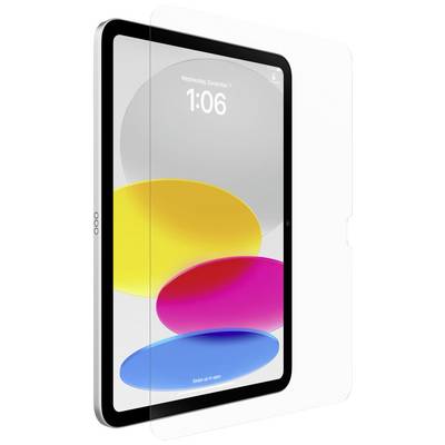 Et tablet med en farverig, abstrakt baggrund på skærmen, som dækkes af en transparent beskyttelse.
