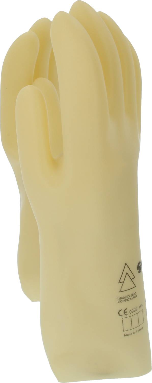 Beige gummihandsker i opretstående position.