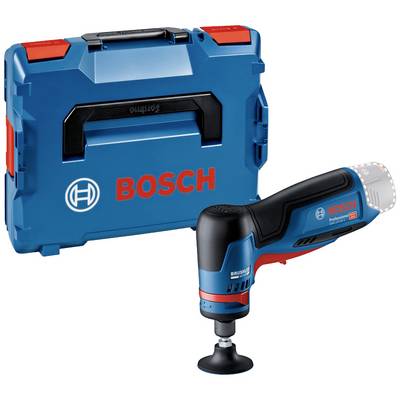 En blå Bosch-vinkelsliber med rødt logo, ved siden af en matchende blå kasse med sort håndtag til opbevaring.