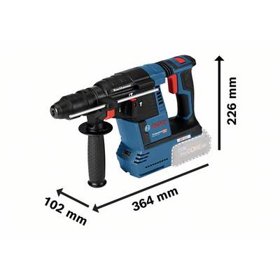 Illustration af en blå borehammer med mål: 364 mm lang, 102 mm bred, 226 mm høj. Mærke for 'Bosch Professional'.