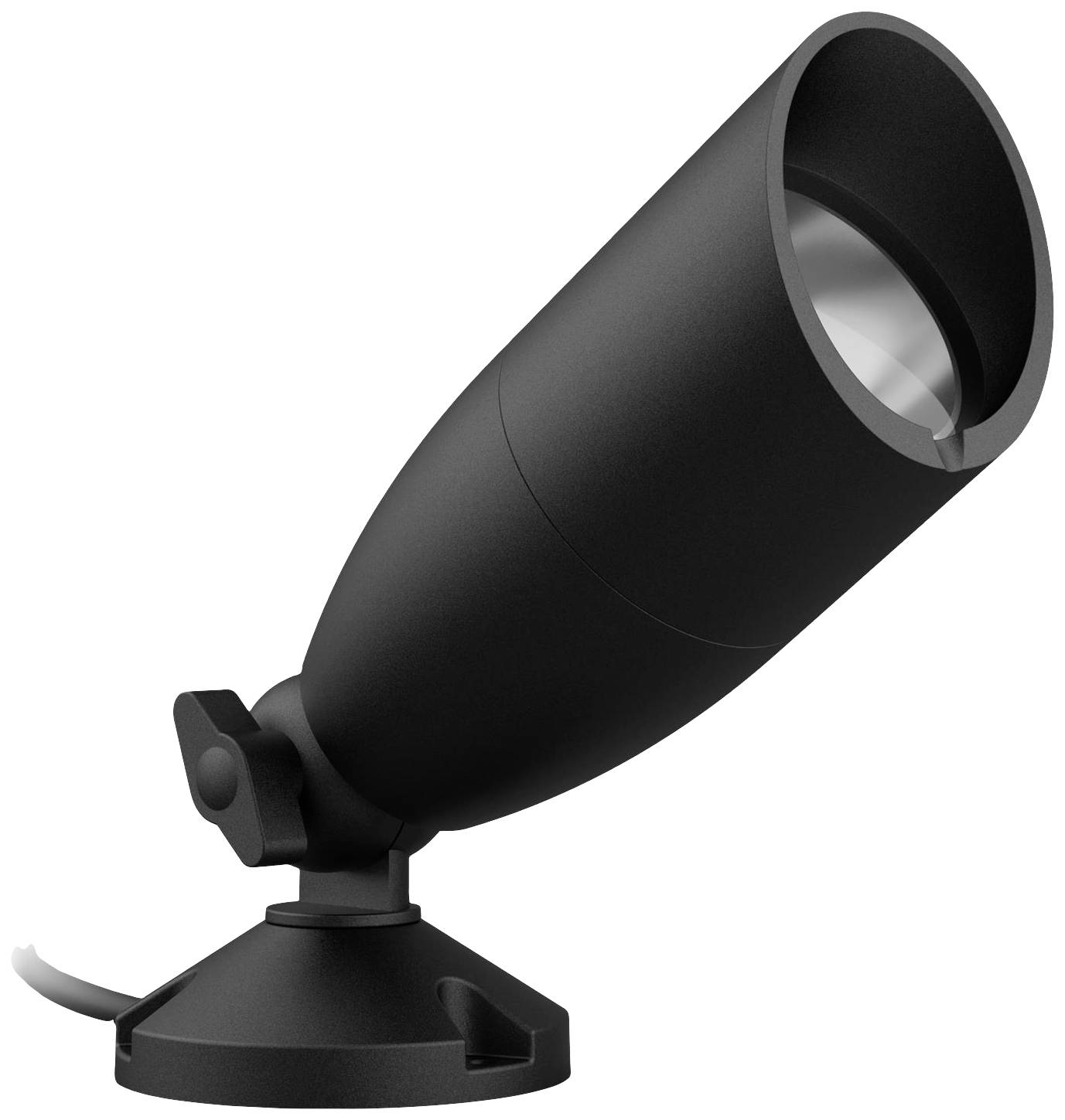 Sort LED-udendørsprojektor med svingbar hoved på et beslag. Ideel til udendørs belysning, robust og vejrbestandig.