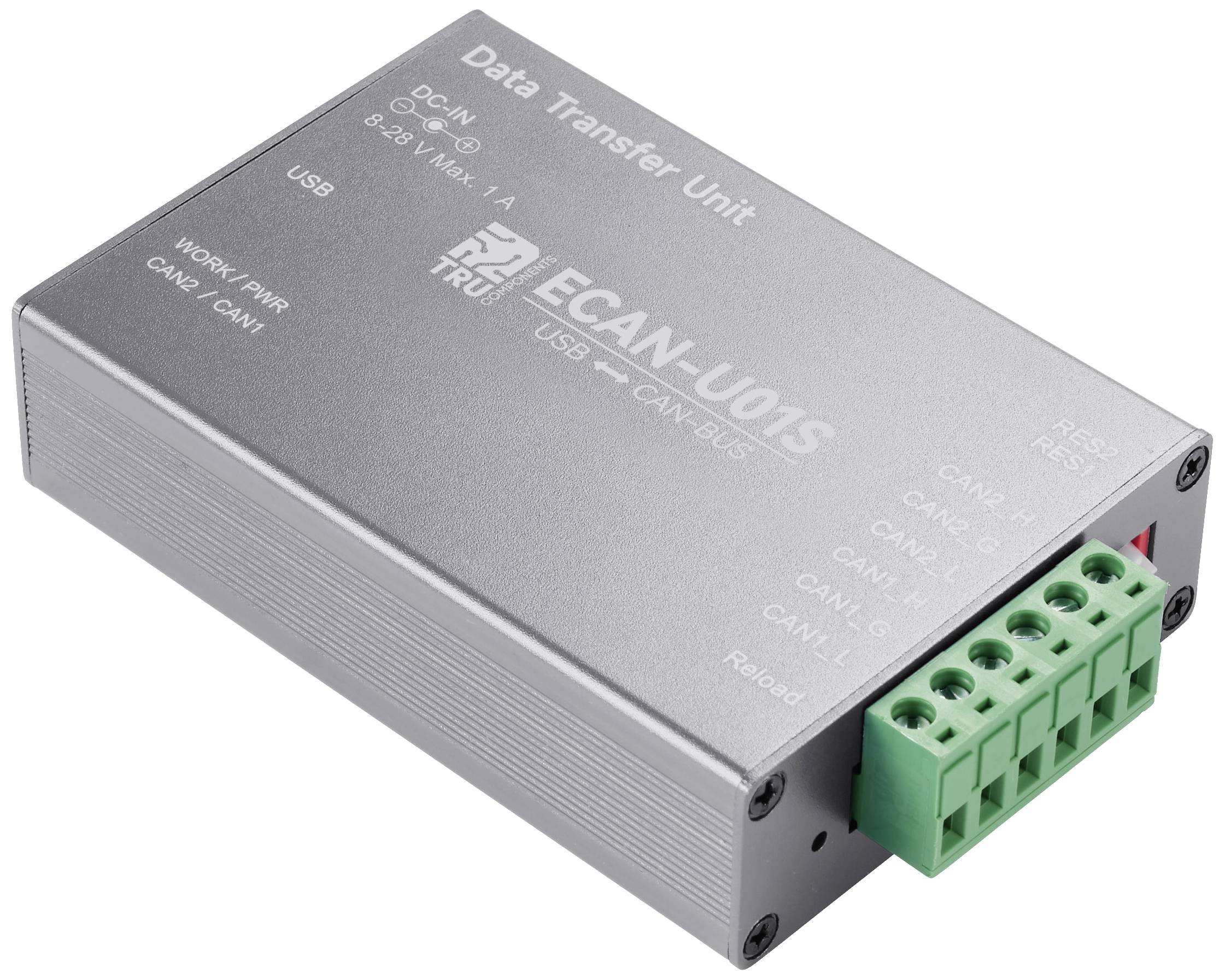 Sølv dataoverførselsmodul ECAN-U01S med flere grønne tilslutningsklemmer til USB-til-CAN-BUS konvertering.