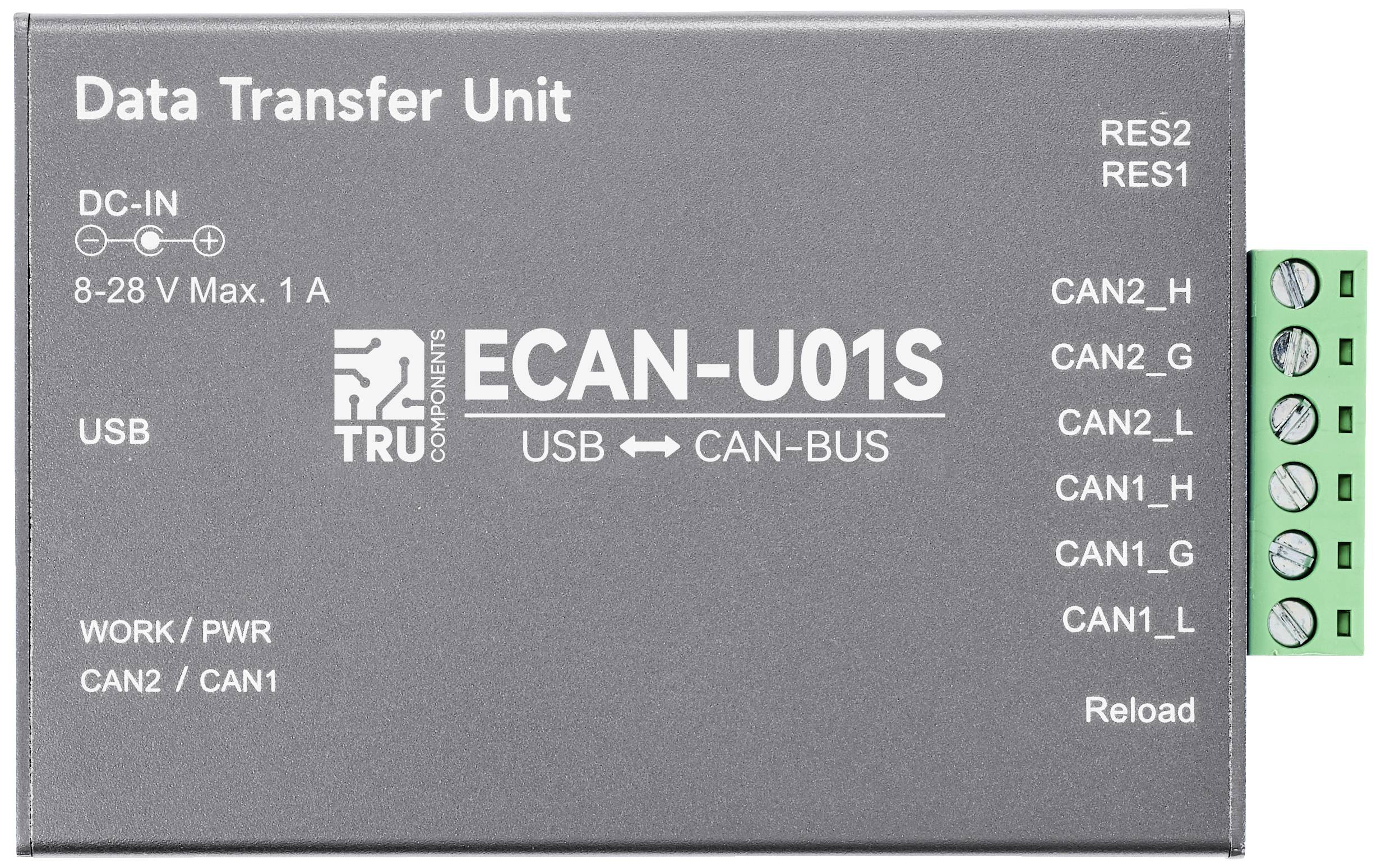 Dataoverføringsenhed ECAN-U01S med USB- og CAN-BUS-tilslutninger, maksimalt 8-28 V og 1 A. Indeholder tilslutninger til CAN2_H, CAN2_G, CAN2_L og tilsvarende for CAN1.