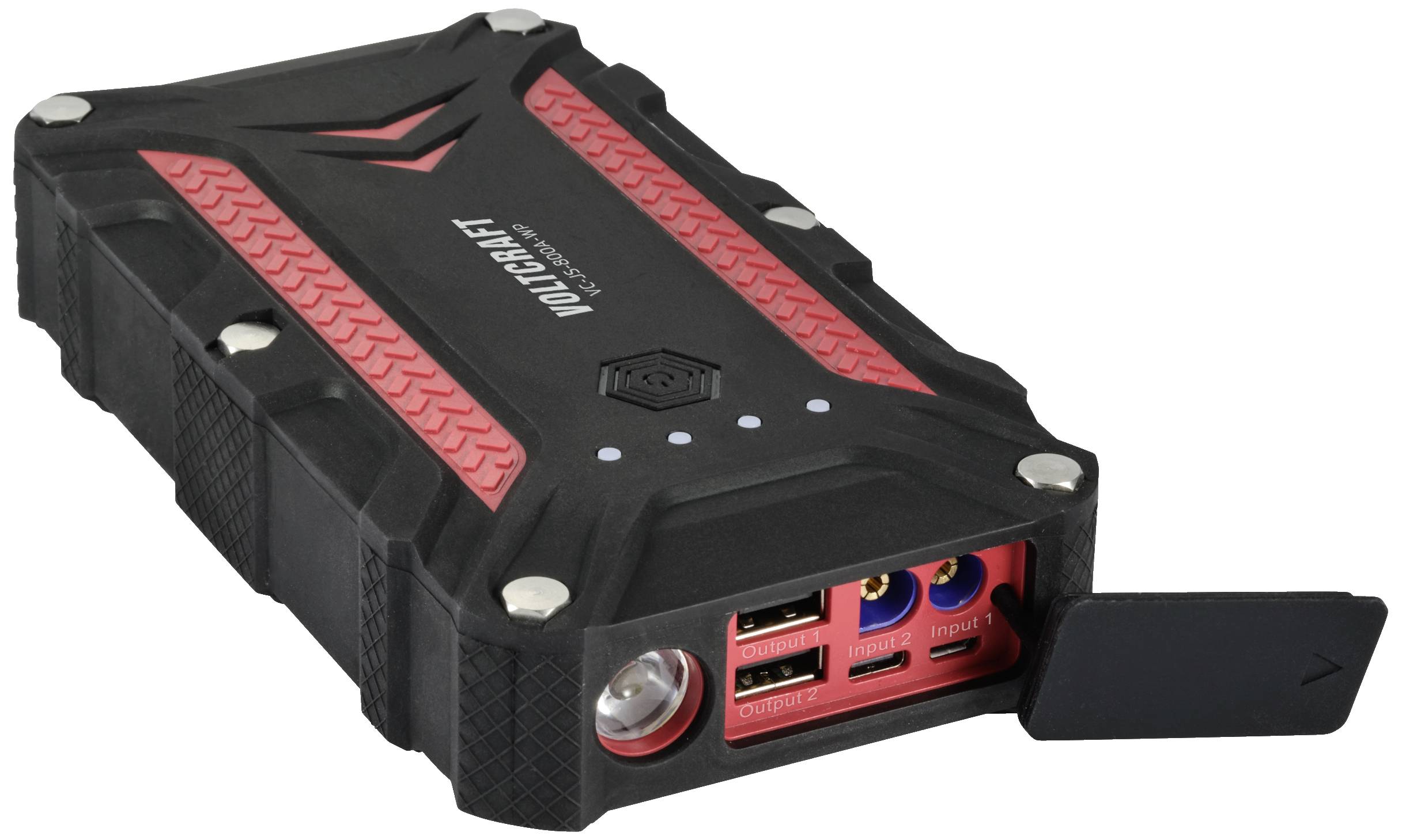 Et bærbart opladeapparat med robust kabinet. Det har USB-porte og en integreret lommelygte. Perfekt til nødsituationer på farten.