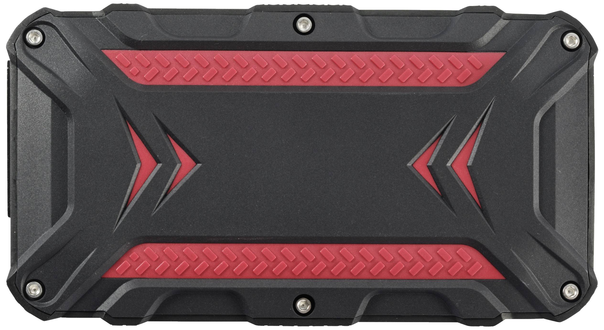 Sort, robust apparat med røde accenter, omgivet af strukturerede greb. Designet indikerer muligvis outdoor- eller beskyttelsesfunktion.