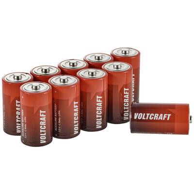 Ti røde batterier med påskriften 'VOLTCRAFT'. Et batteri ligger separat til højre, alle er cylinderformede.