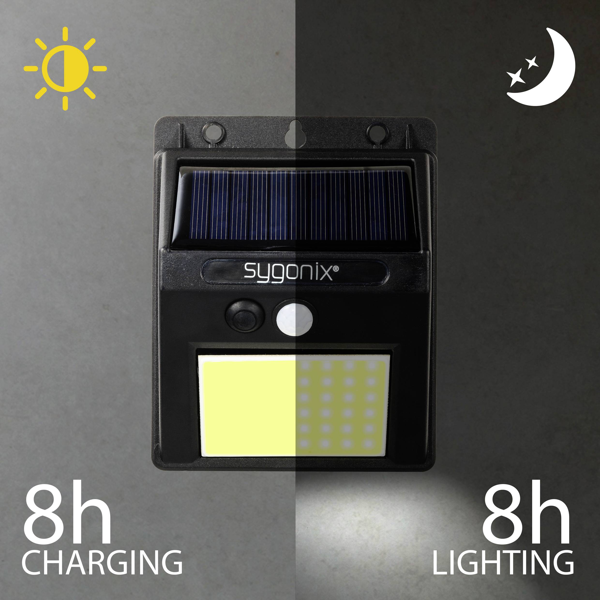 Solcellelampe fra sygonix med solpanel øverst og lyskilde nederst. Venstre side viser solen-symbol med "8h OPLADNING", højre side viser måne-symbol med "8h BELYSNING".