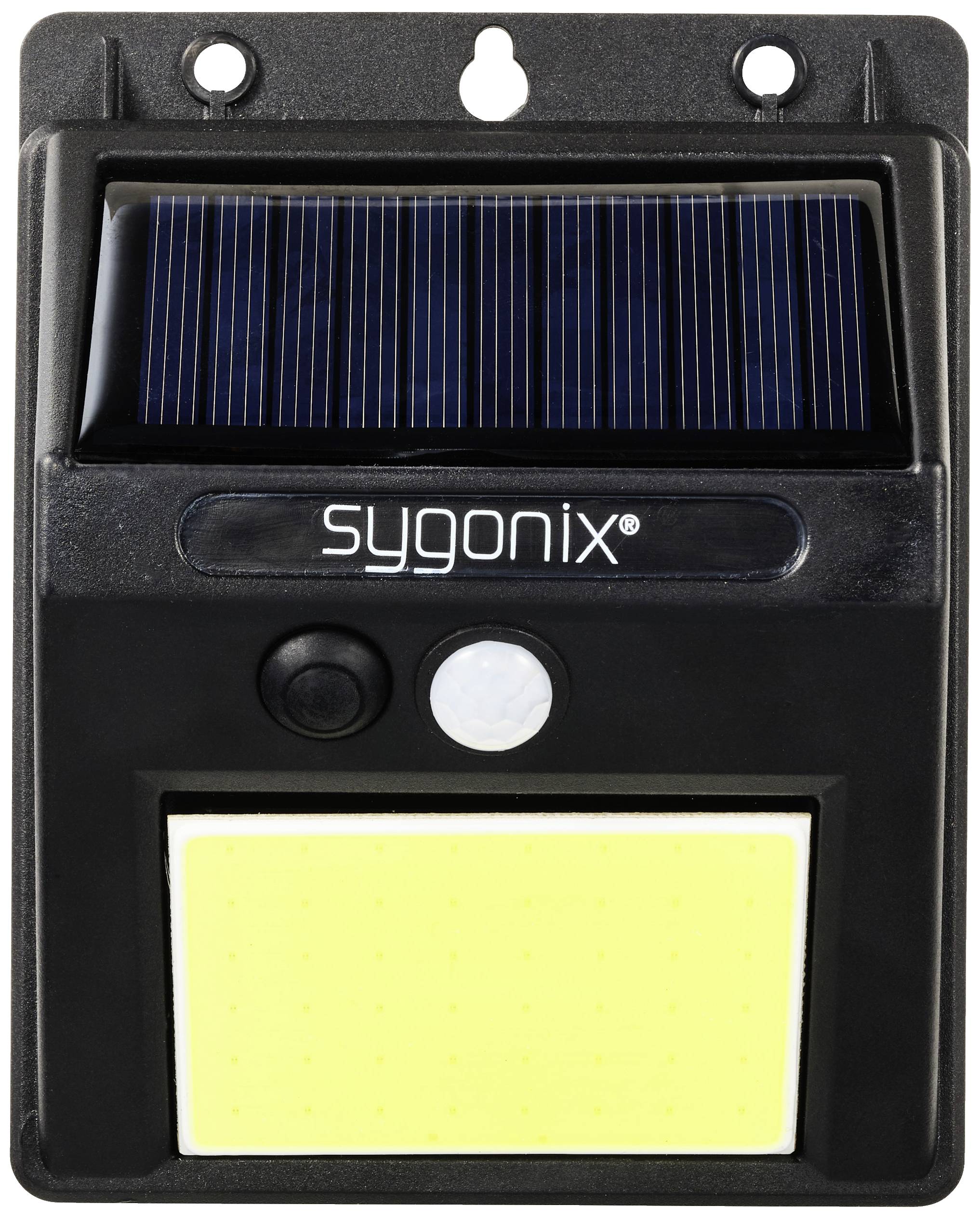 Sort solcellelampe med bevægelsessensor og LED-panel. Mærke 'sygonix'.