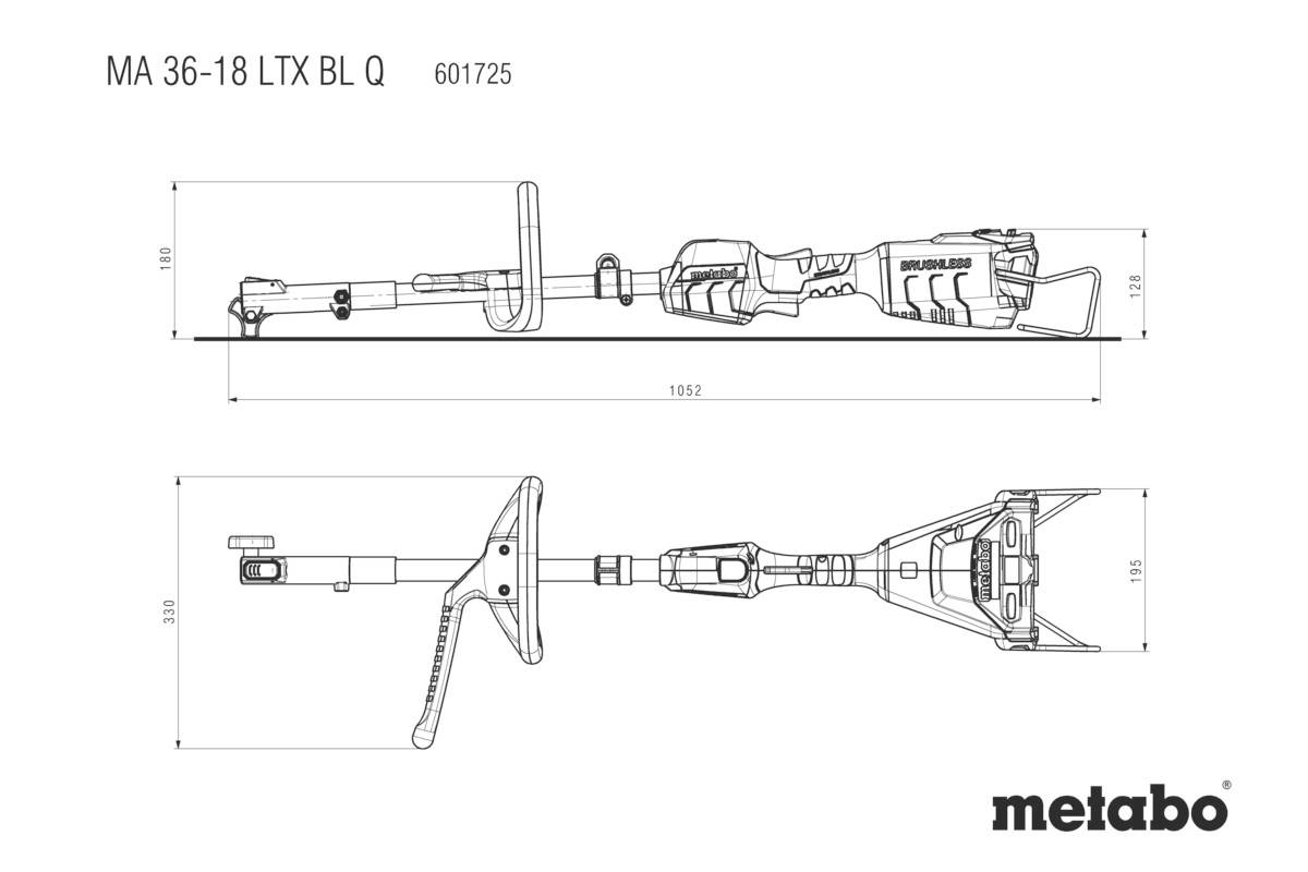 Tegning af en Metabo MA 36-18 LTX BL Q med dimensioner og modelnummer. Side- og topvisninger af værktøjet inklusive logo.