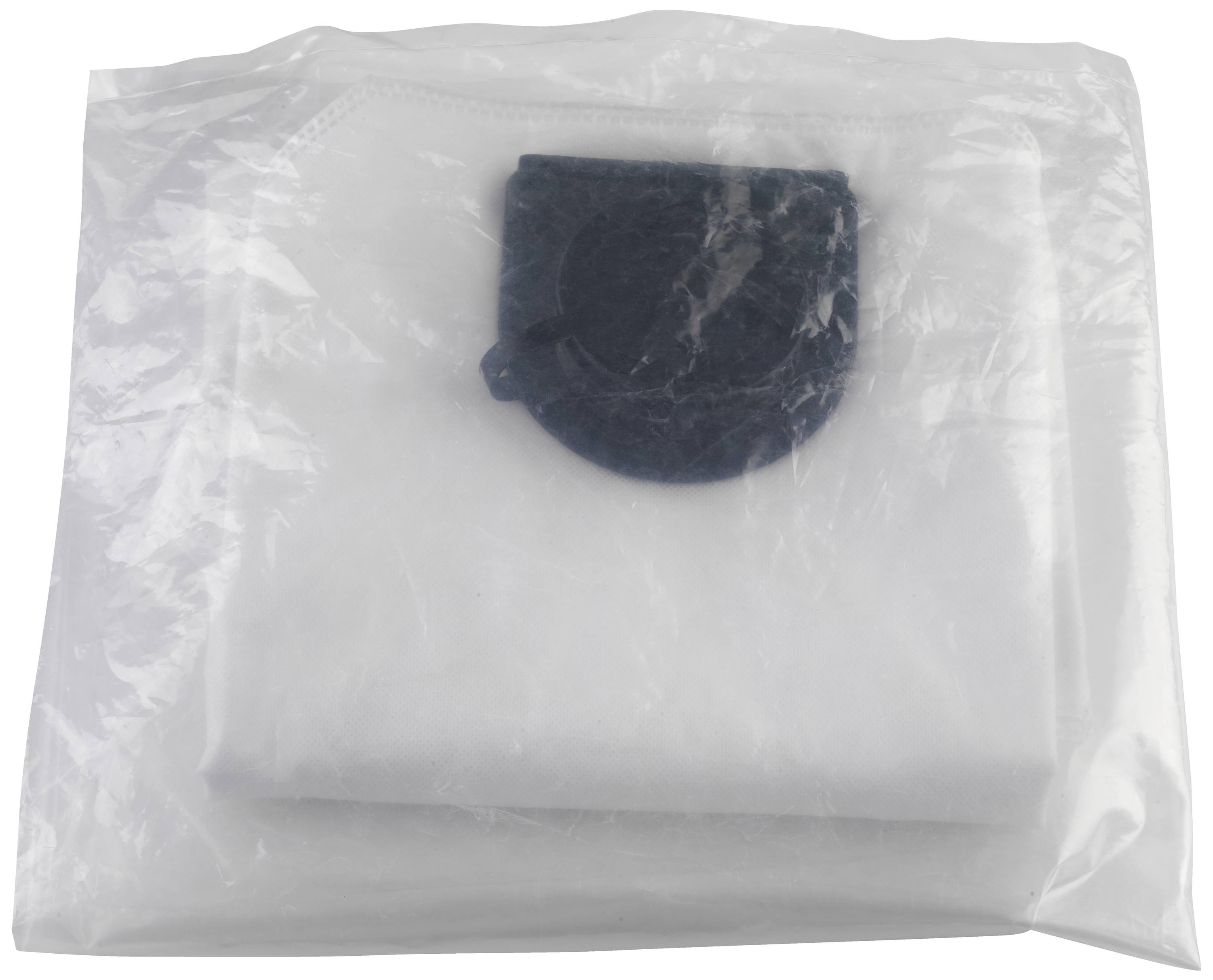 En hvid emballage indeholder et foldet hvidt klæde og en sort, cirkelformet afdækning.