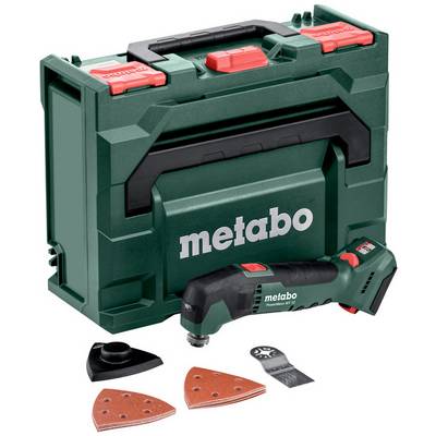 Metabo trådløs oscillerende multitool med grønt bæreetui og flere slibe- og skrabetilbehørsdele på hvid baggrund.