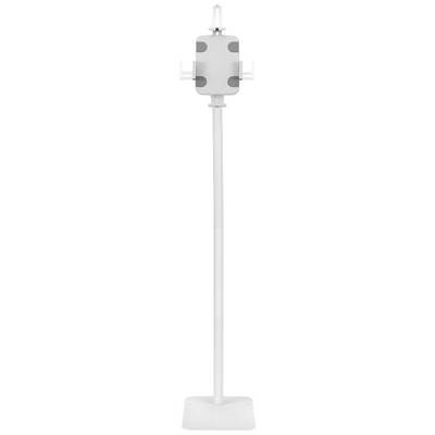 Hvid holder med beslag, egnet til tablets eller smartphones, lodret med stabil base.