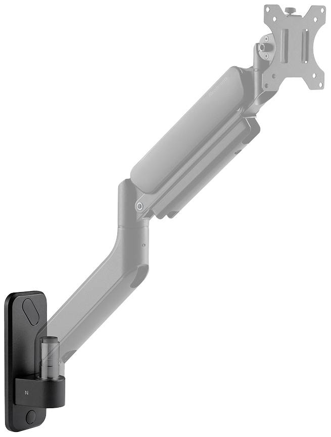 En justerbar metalmonitorarm, som kan monteres på en væg, med led til justering af højde og hældning af skærmen.