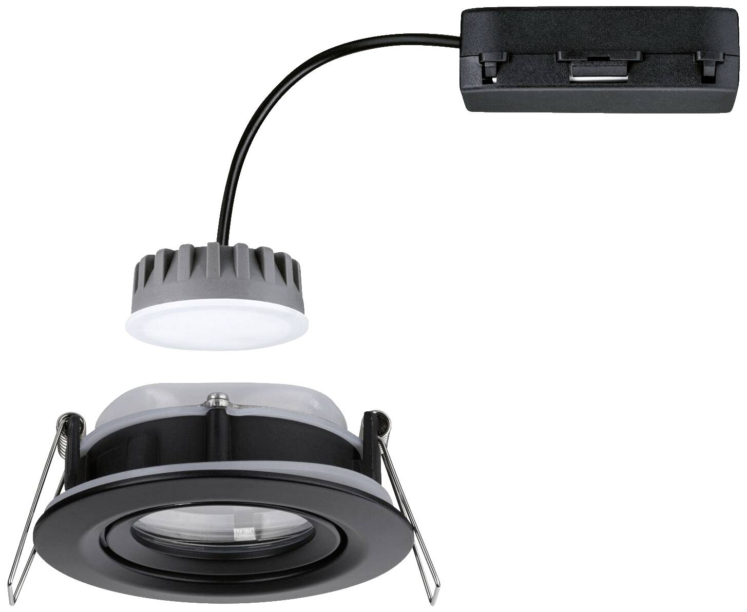 En rund LED-spotlight med svingbart design er fastgjort på et sort, fladt adapterhusel, der hænger i et fleksibelt kabel.