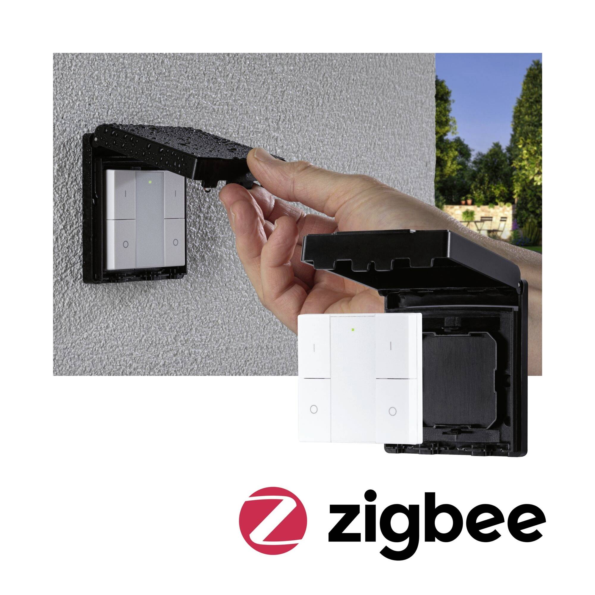 En hånd åbner et hus på en væg, der indeholder to hvide kontakter. Nedenunder er logoet for 'Zigbee'.