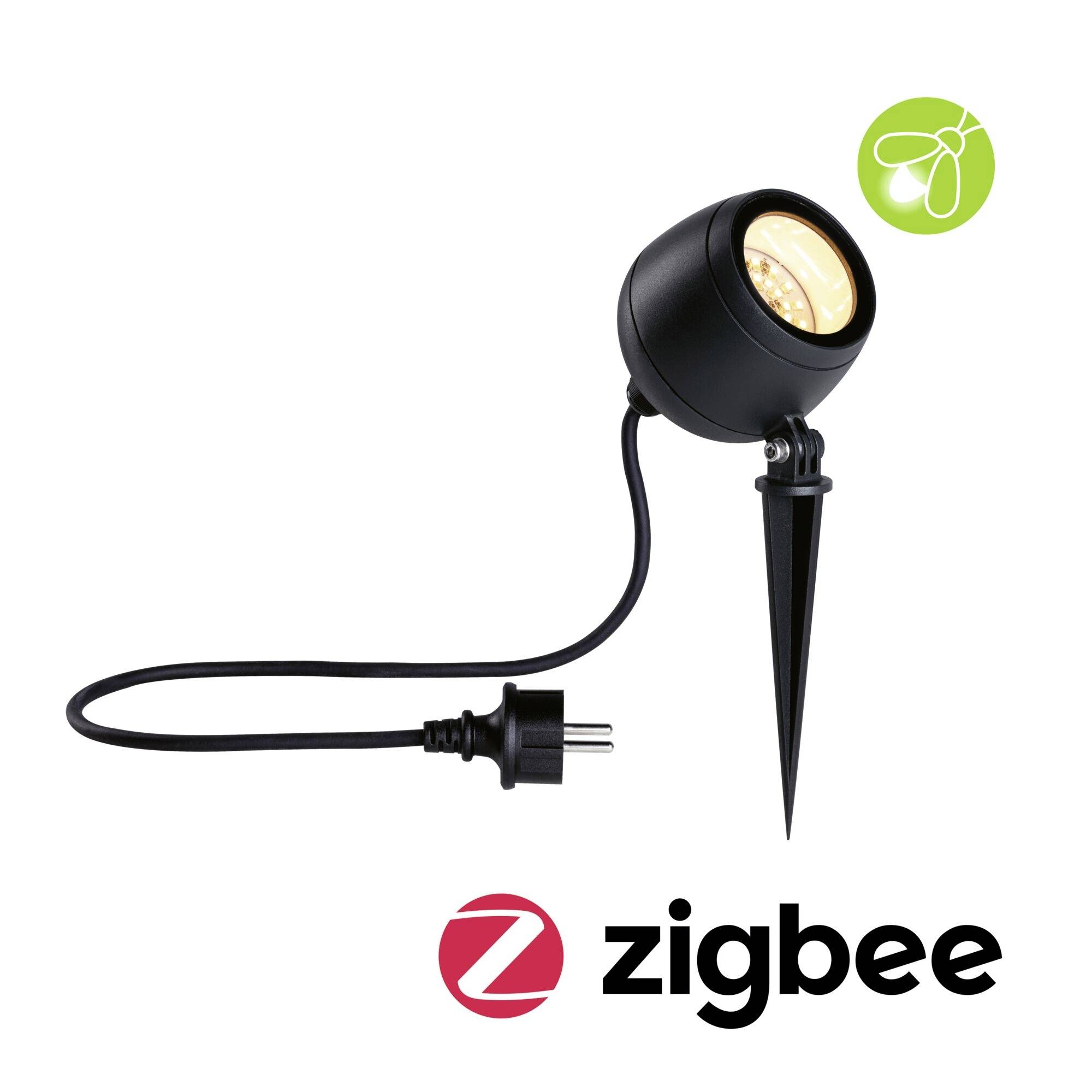 Sort LED-haveleuchte med jordspyd og stik, symbol for energieffektivitet, 'zigbee'-logo nederst til højre.