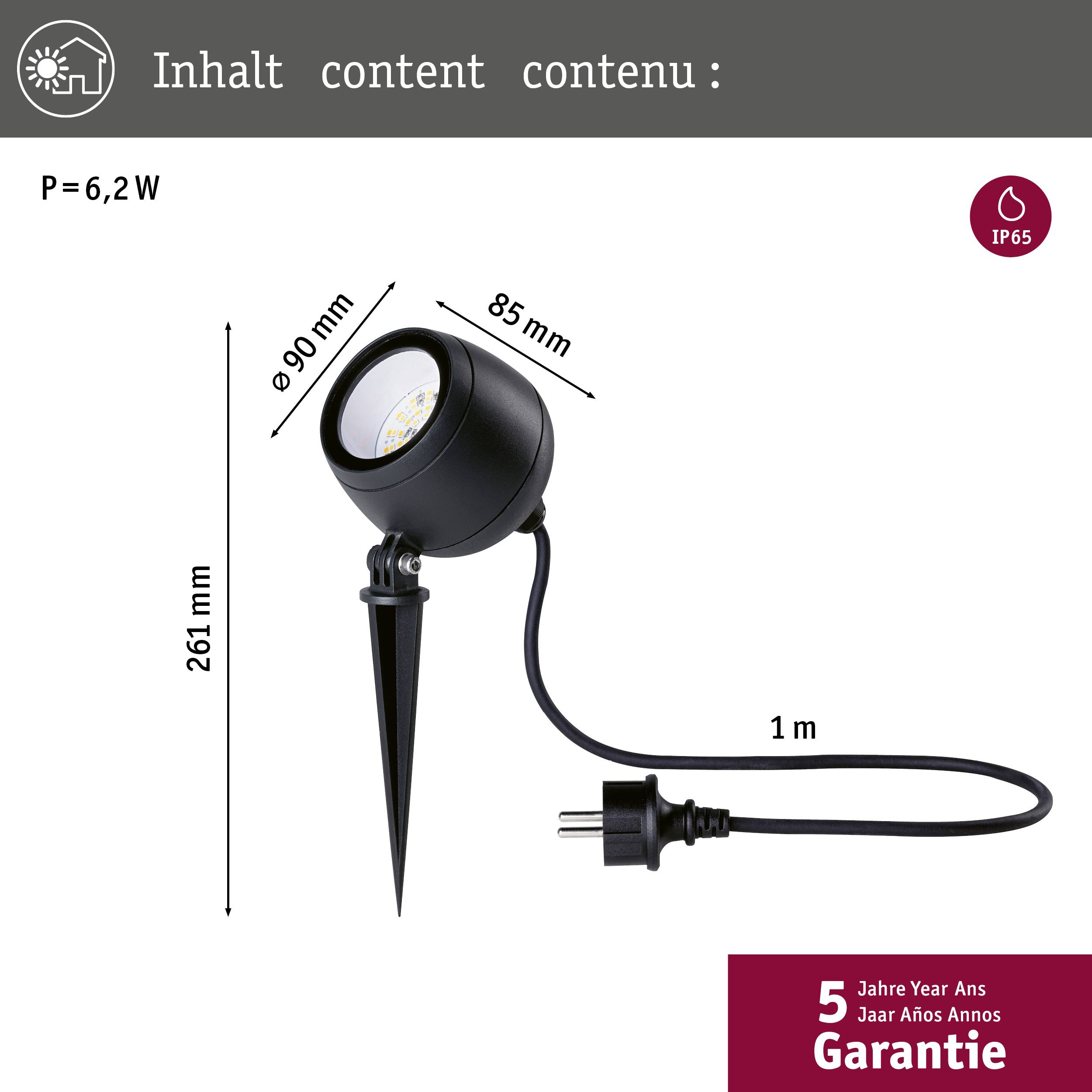 LED-udendørsprojektor med jordspyd. Mål: 261 mm høj, hoved 90 mm i diameter. Effekt: 6,2 W. Beskyttelsesgrad: IP65. Kabel-længde: 1 m.