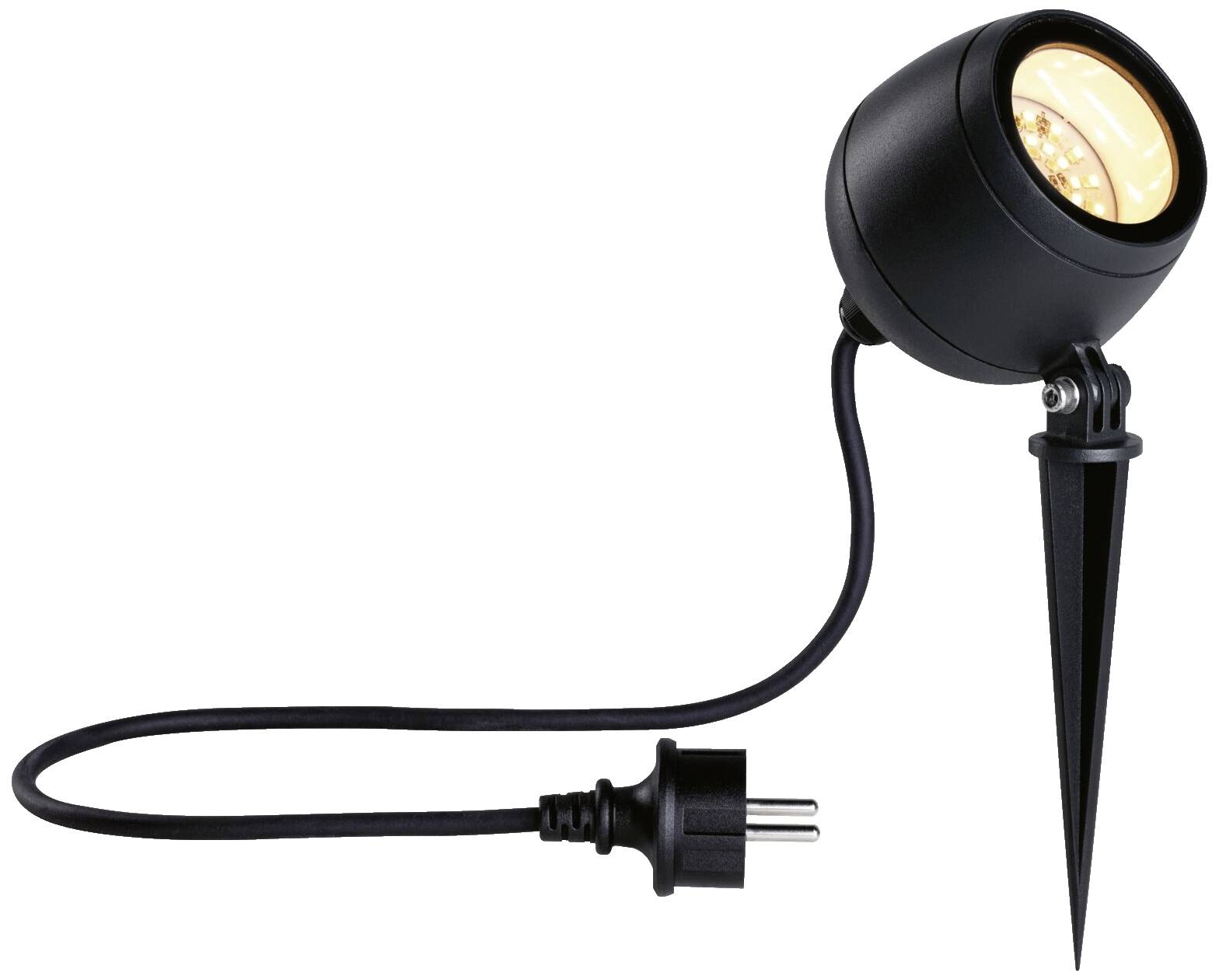 Sort LED-projektør med jordspyd og strømstik, egnet til udendørs belysning. Kablet forbinder stikket og lampen.