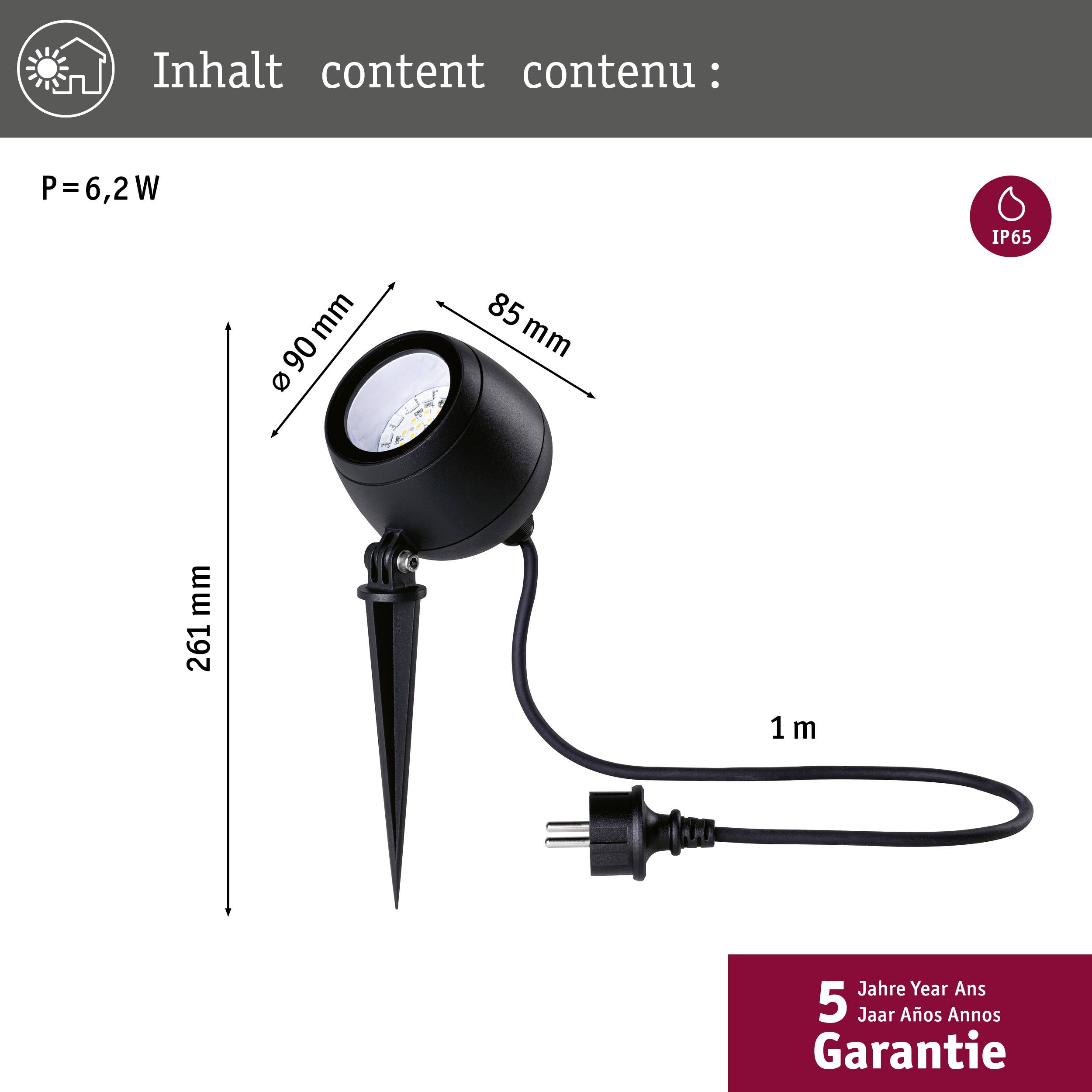 Haveleuchte med jordspyd, LED, 6,2 W effekt, IP65 beskyttelsesklasse, 261 mm høj. Indeholder mål og kabel med stik. 5 års garanti.