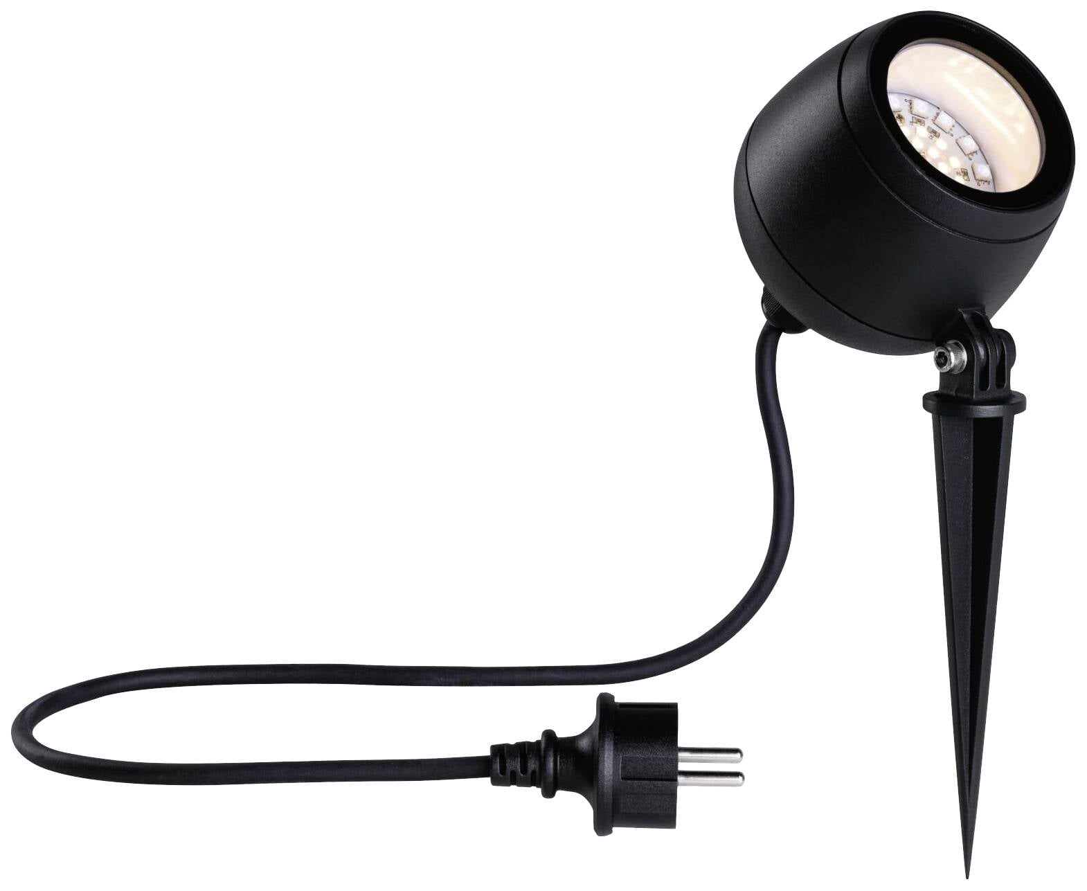 Sort LED-havespotlight med jordspyd, netstik og rund lampeskærm, egnet til udendørsbelysning.