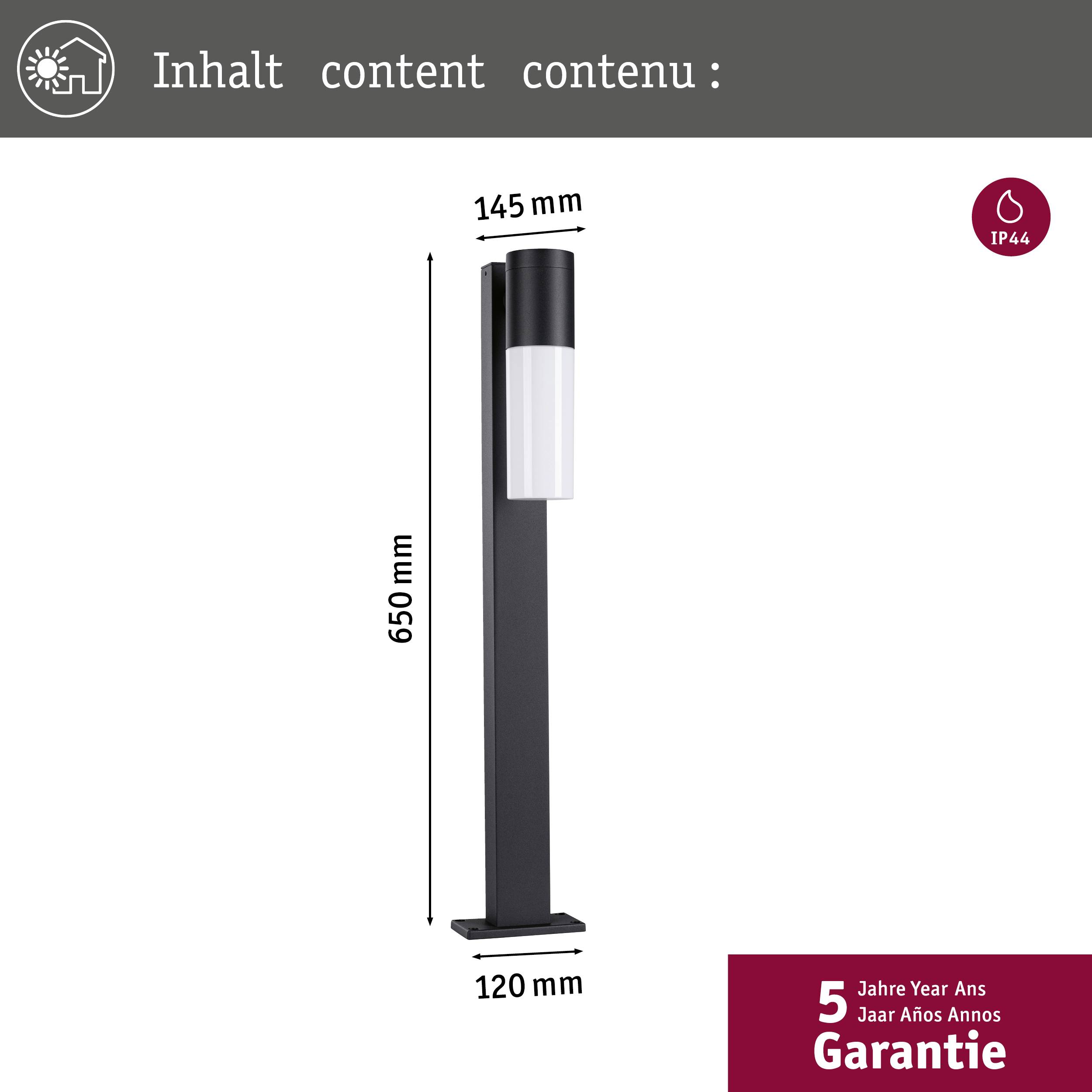 Illustrationen viser en sort havlampe med en højde på 650 mm og en bredde på 145 mm. Den har 5 års garanti.