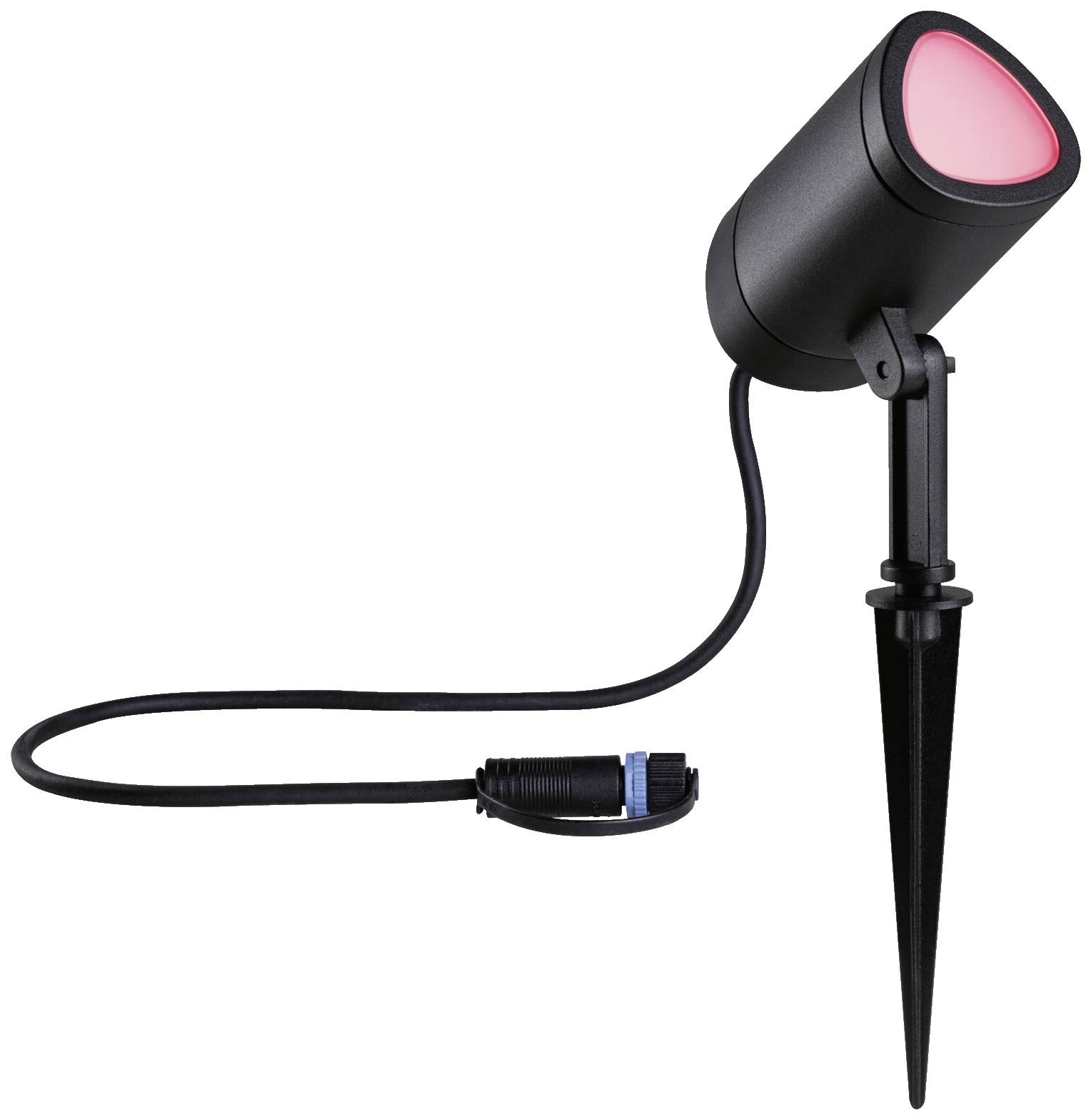 Sort LED jordstråler med jordspyd, som udsender rødt lys, med kabel og stik, velegnet til have- eller udendørsbelysning.