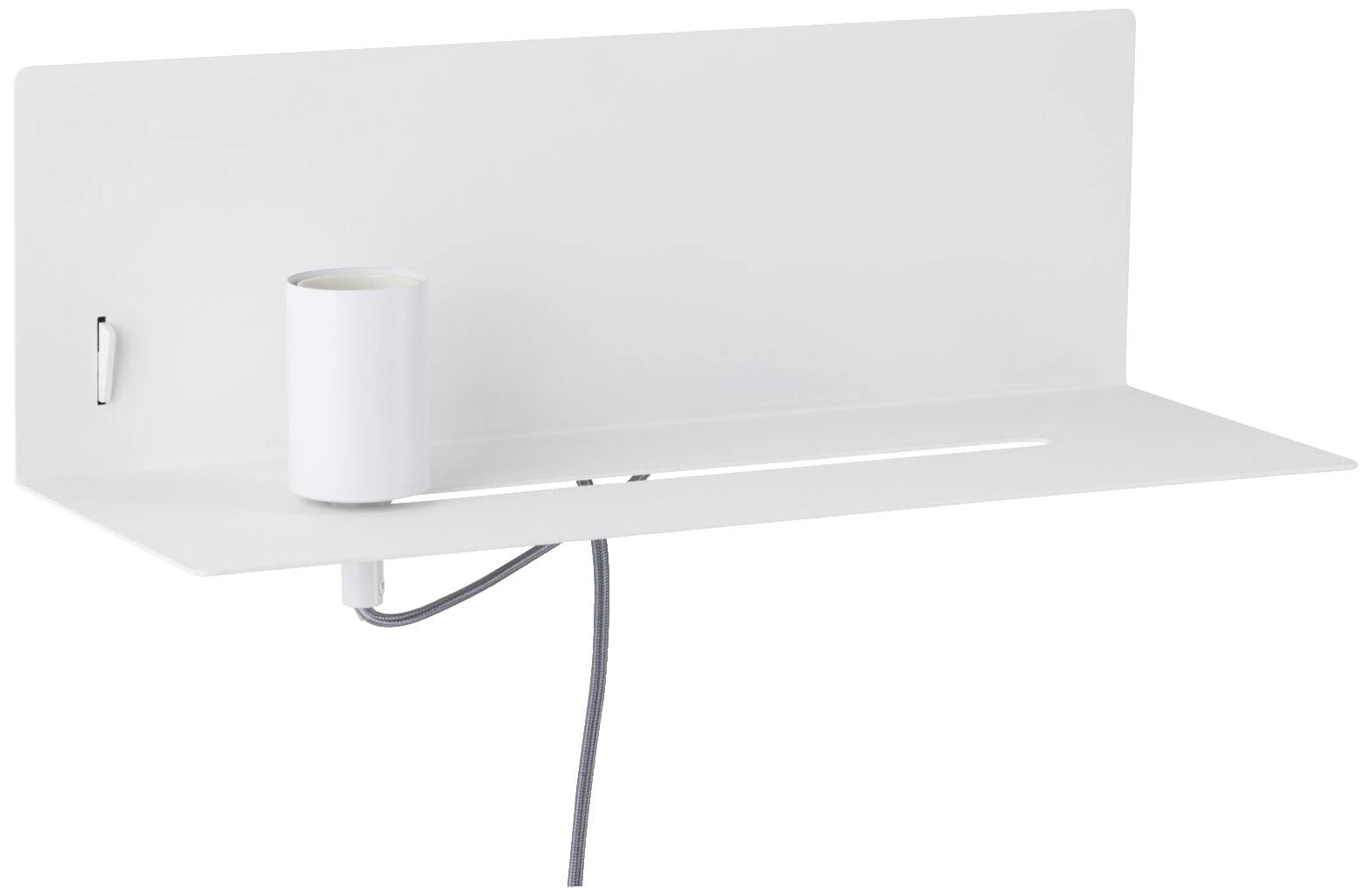 Hvid, vægmonteret metalkappe med cylindrisk lampeholder og fremtrædende strømkabel. Minimalistisk design.