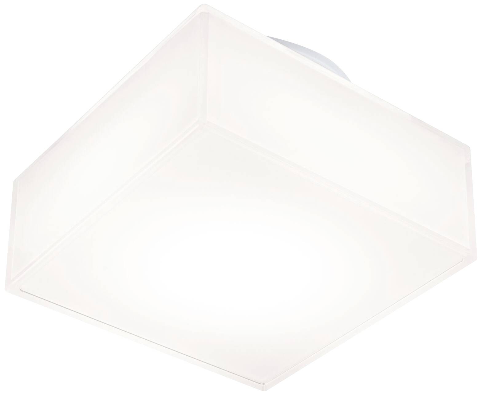 Hvid, kvadratisk loftlampe med enkelt design, fremstillet af plast, med ensartet lysfordeling.