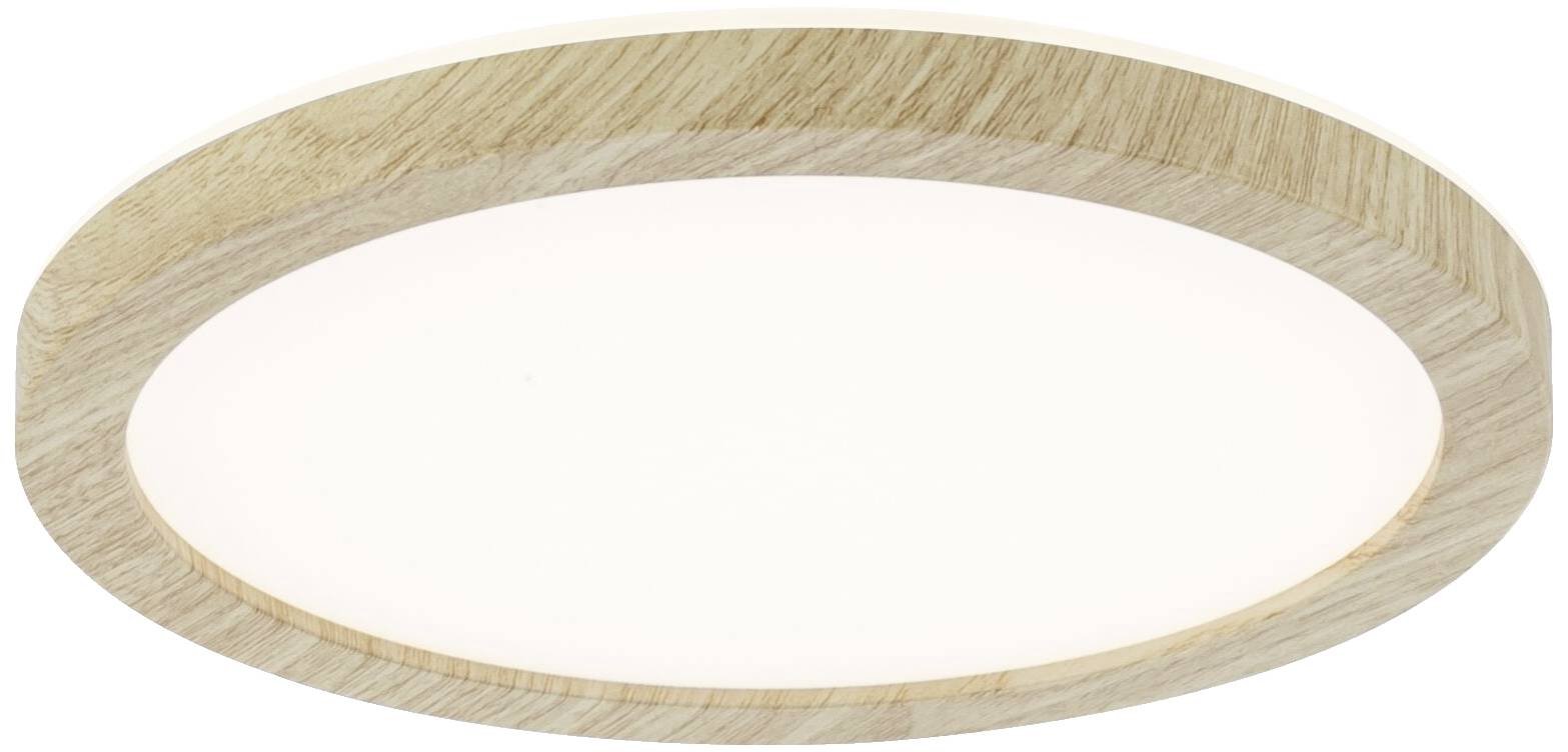 Rund loftslampe med træramme og hvid diffuser, som udsender blødt, ensartet lys. Perfekt til moderne indretning.