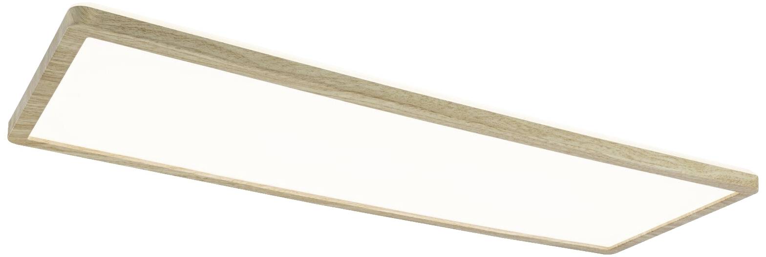 Rektangulær LED-loftslampe med træramme. Moderne design, ensartet belysning. Velegnet til stue eller arbejdsområder.