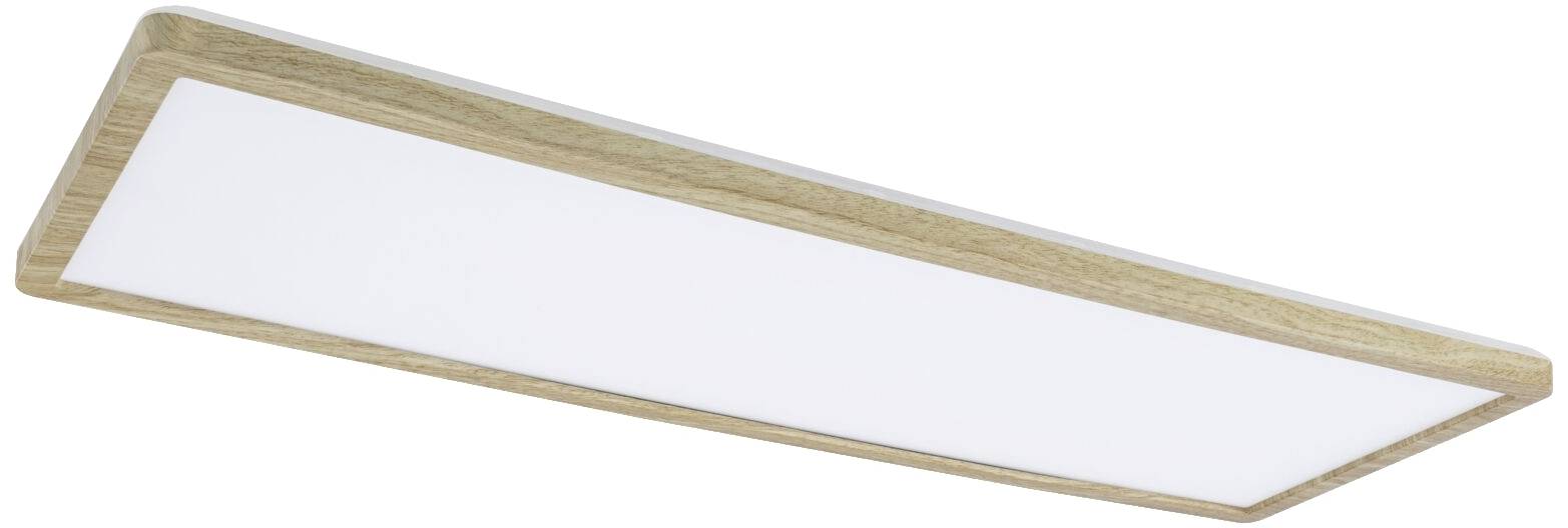 Rektangulær loftslampe med træramme og hvid plade, moderne design.
