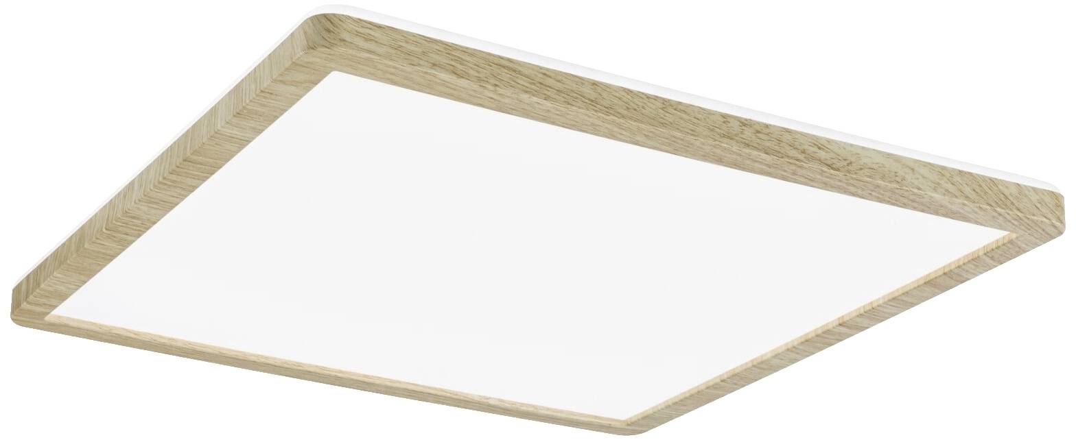 Firkantet loftslampe med træramme, moderne og minimalistisk design, velegnet til indendørs rum.