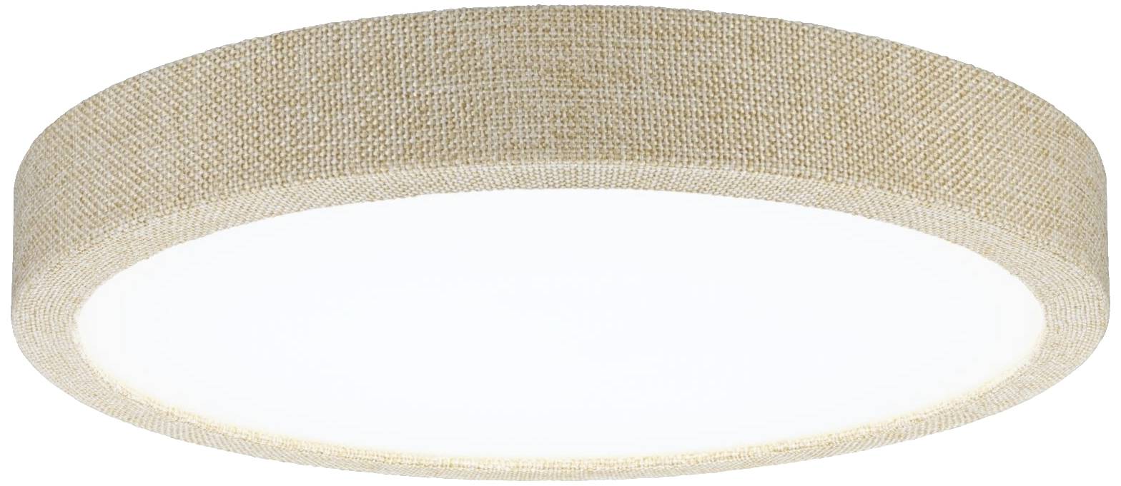 Rund loftslampe med beige stofbetræk og hvid lysdiffuser, velegnet til moderne boligrum eller kontorer.