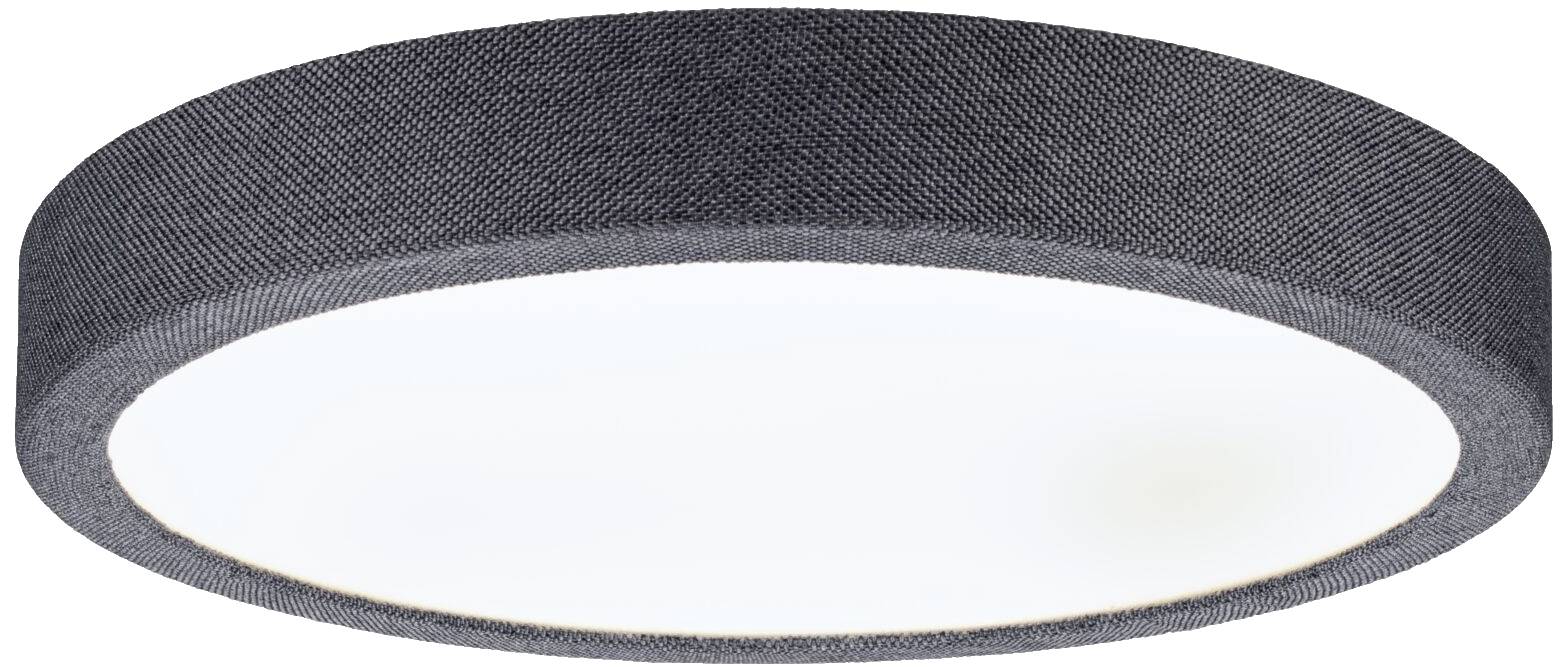 Rund loftslampe med sort kabinet og hvid diffuser, velegnet til moderne interiører.