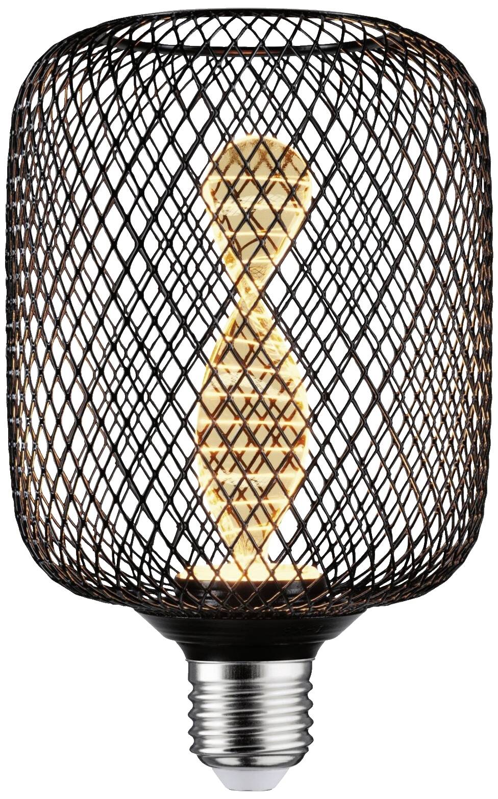 En sort metalgitter-pære med en spiralformet glødetråd indeni. Den giver et industrielt look.