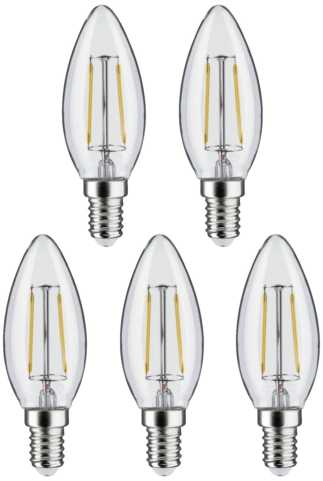 Fem klare LED-pærer med filament i stearinlysform, velegnede til dekorative belysninger. Energibesparende og holdbare.
