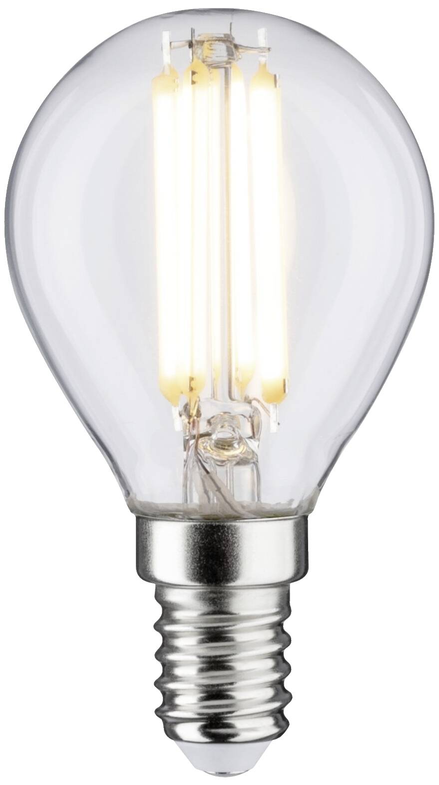 En LED-pære med E14-fatning, klart glas og synlige filamenter, der udsender et varmt lys.