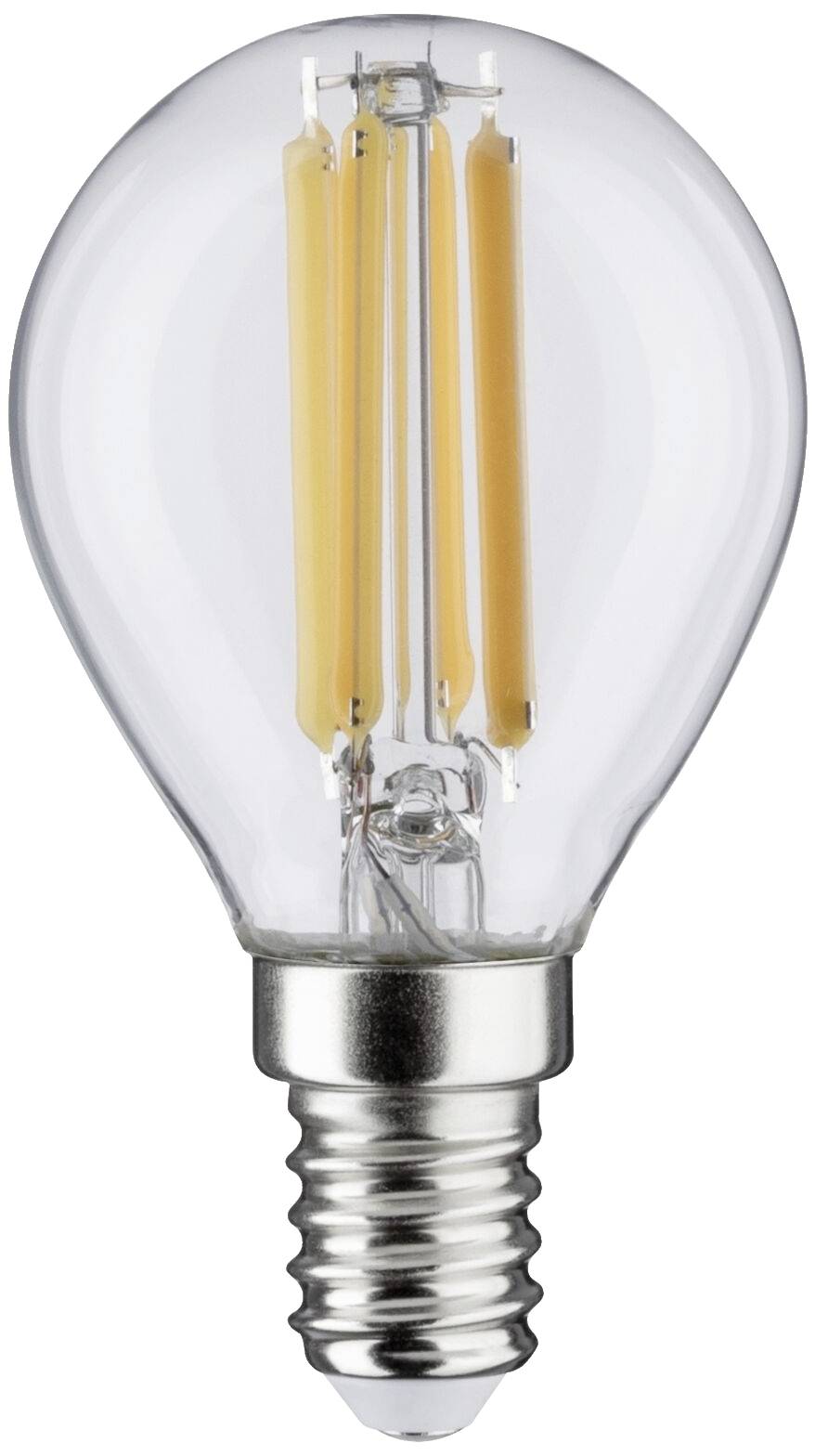 En LED-pære med E14-fatning. Den er dråbeformet og viser indvendige filamenter for et klassisk udseende.
