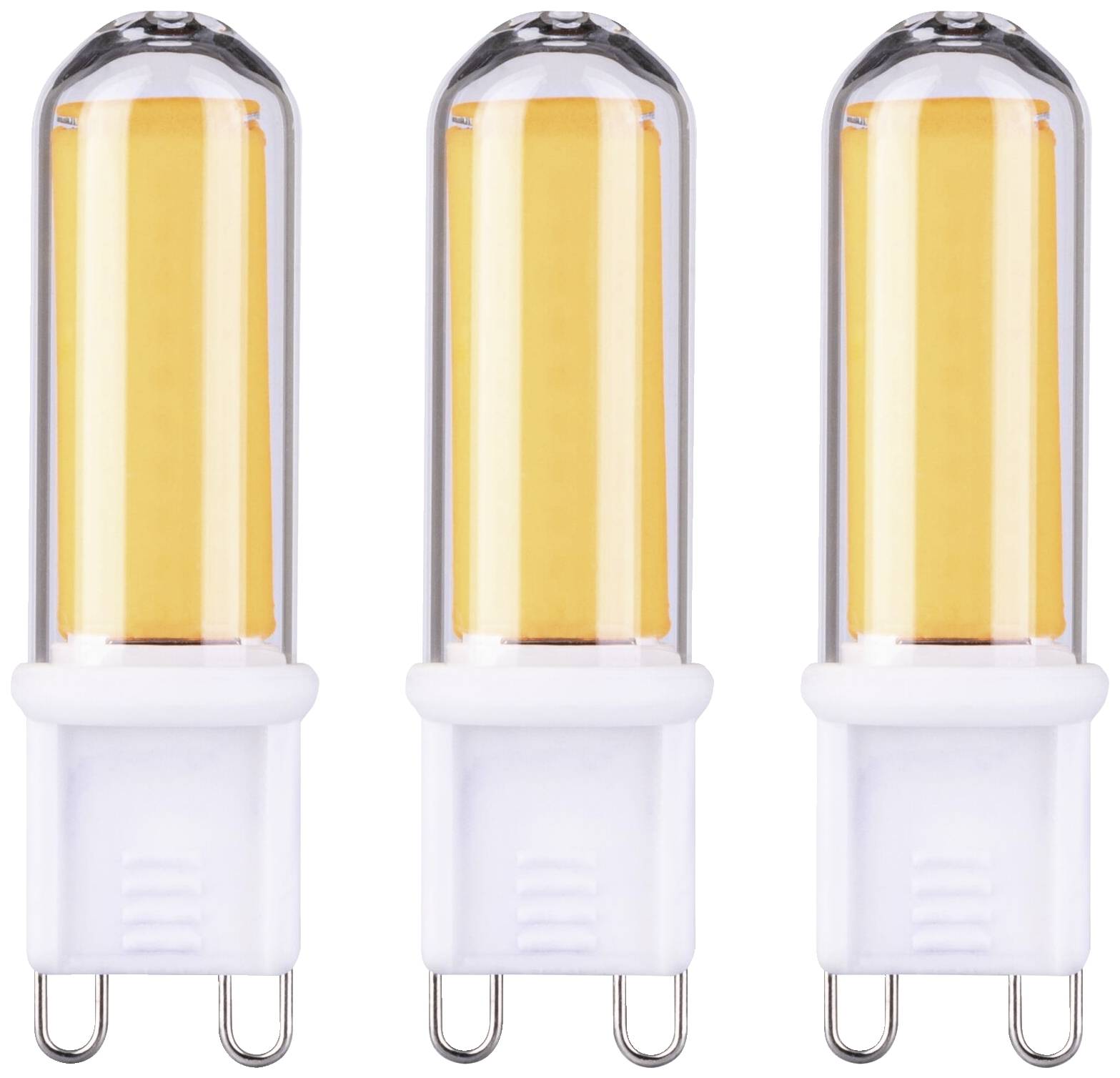 Tre cylinderformede, energieffektive LED-pærer, monteret i hvide fatninger, lyser tydeligt i en varm gullig tone.