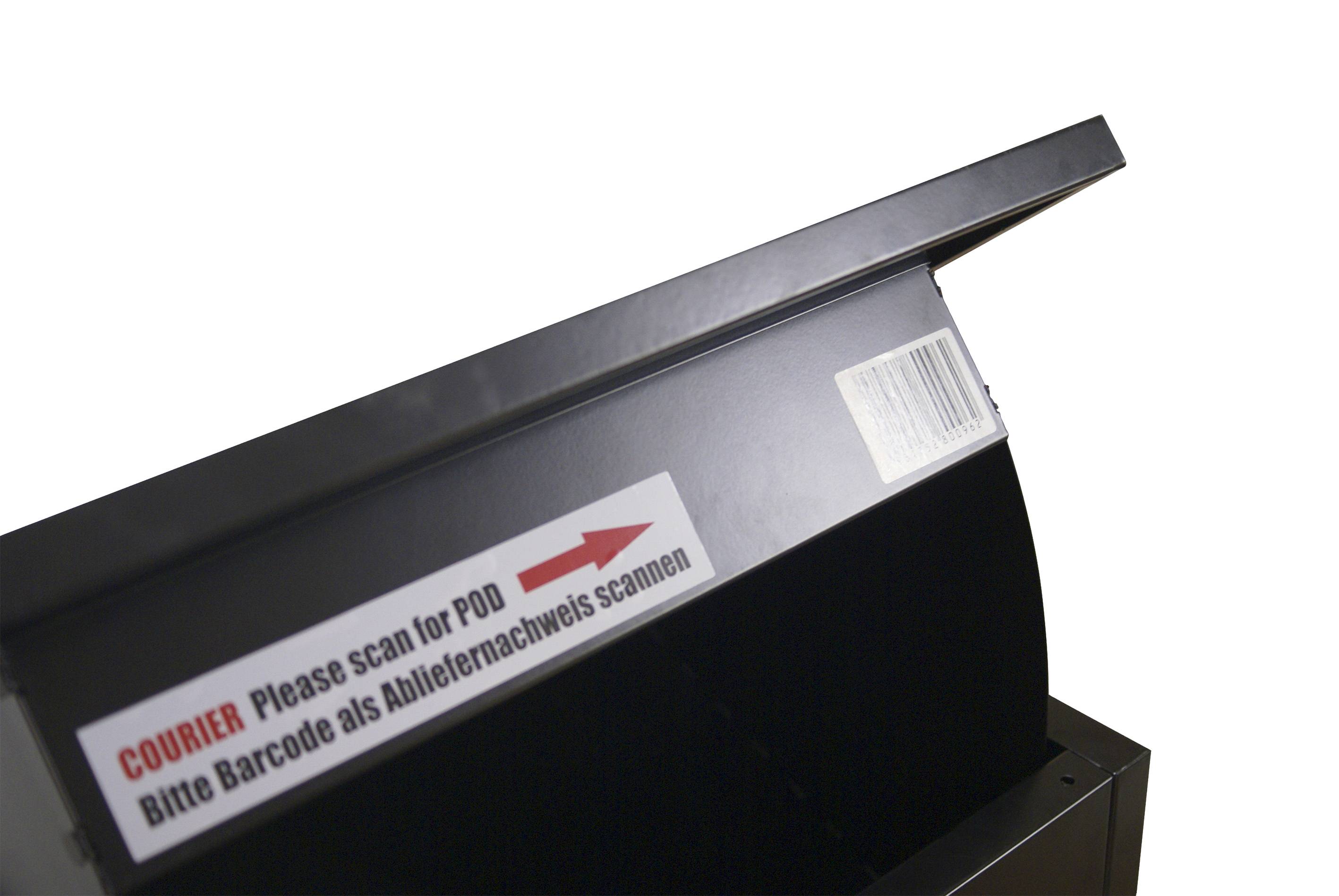 En sort POD-scanner med vejledning: 'KURÉR Scan venligst for POD. Venligst scan stregkode som leveringsbevis'.