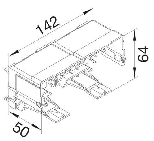 Teknisk tegning af en metalprofil set fra siden med følgende dimensioner: Bredde 142 mm, højde 64 mm, dybde 50 mm.