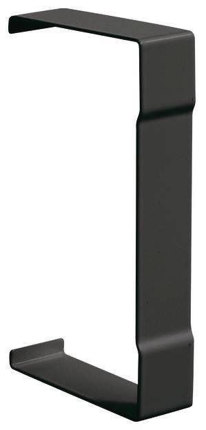 Sort metalspænde, rektangulært bøjet, til fastgørelse eller ophængning. Minimalistisk design uden yderligere detaljer.